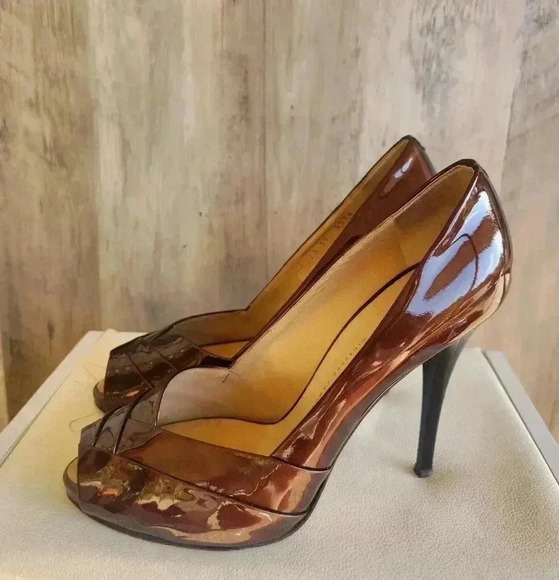 Giuseppe Zanotti Brown Patent Leather Peep Toe Criss Cross High Heel Pumps Sz 9 - Picture 2 of 11